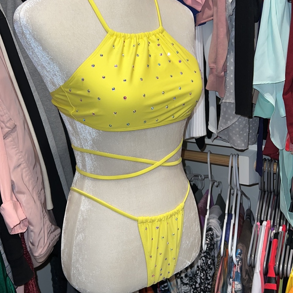 Yellow Bandeau bikini with added AB RHINESTONES. Size small. - Picture 5 of 9